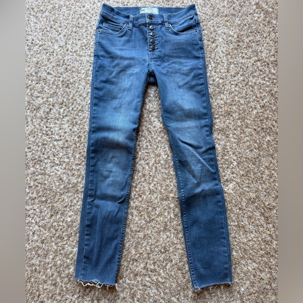 Free People Button Fly Jeans Women 25 Blue Denim Distressed Ripped Raw Hem